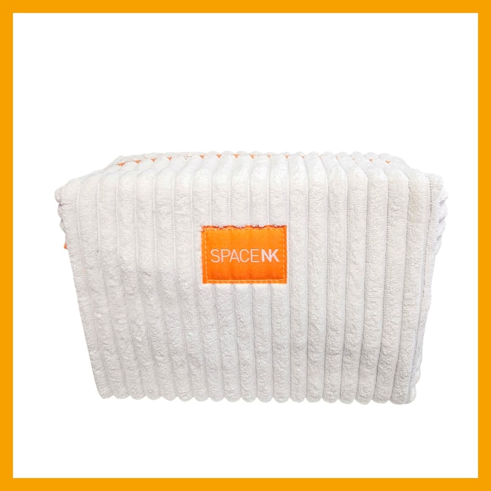 Space NK White Orange Zipper Fuzzy Padded Zippered Cosmetic Makeup Bag Case New